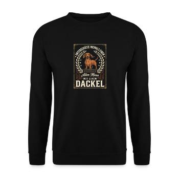 Dackel Unterschätze Nie Alten Mann Mit Dackel - Unisex Pullover - Schwarz - Vorne - Alina (178cm) & Michal (187cm)