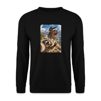 Lustiges Waschbär Selfie mit Bigfoot, T-Rex, UFO - Unisex Pullover - Schwarz - Vorne - Alina (178cm) & Michal (187cm)