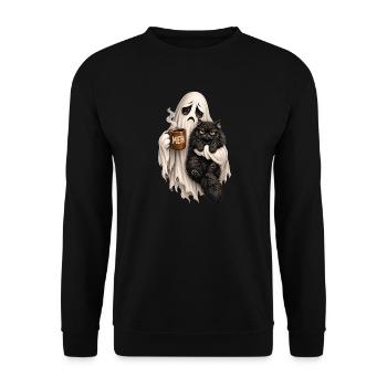 MEH-Geist mit Kaffee und blaséer Katze - Unisex Pullover - Schwarz - Vorne - Alina (178cm) & Michal (187cm)