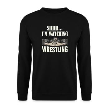 Pssst, ich schaue Wrestling Retro-Humor - Unisex Pullover - Schwarz - Vorne - Alina (178cm) & Michal (187cm)