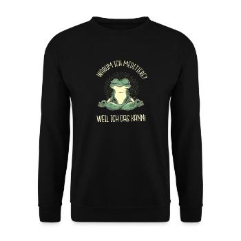 Warum ich meditiere Yoga Frosch Meditation Spruch - Unisex Pullover - Schwarz - Vorne - Alina (178cm) & Michal (187cm)