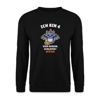 Ich bin 4 – Fledermaus Halloween-Geburtstag - Unisex Pullover - Schwarz - Vorne - Alina (178cm) & Michal (187cm)