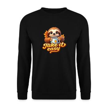 Take It Easy – Süßes Faultier mit Tee - Unisex Pullover - Schwarz - Vorne - Alina (178cm) & Michal (187cm)