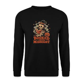 Halloween Skelett Lesen Bücherwurm Booked Midnight - Unisex Pullover - Schwarz - Vorne - Alina (178cm) & Michal (187cm)