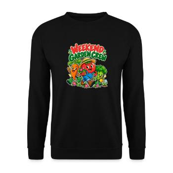 Wochenend-Gartenteam: Lustige Gemüse - Unisex Pullover - Schwarz - Vorne - Alina (178cm) & Michal (187cm)