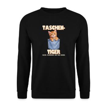 Katze Brusttasche lustig - Taschentiger - Unisex Pullover - Schwarz - Vorne - Alina (178cm) & Michal (187cm)