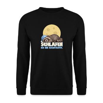Waschbär schläft lustig - Ich bin nachtaktiv - Unisex Pullover - Schwarz - Vorne - Alina (178cm) & Michal (187cm)