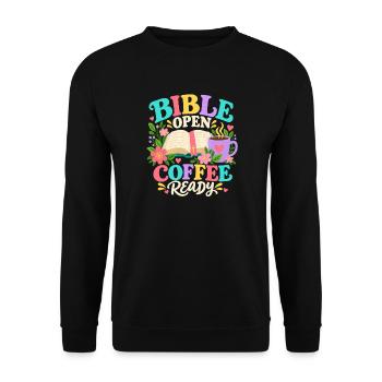Bible Open Coffee Ready Christian - Unisex Pullover - Schwarz - Vorne - Alina (178cm) & Michal (187cm)