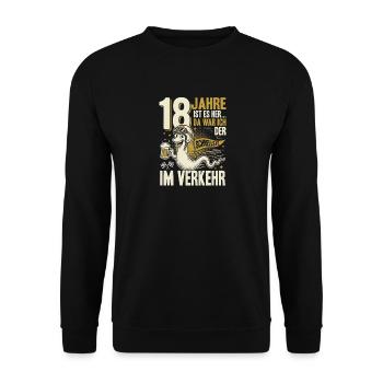 Rennschnecke 18 Geburtstag Verkehr Spruch - Unisex Pullover - Schwarz - Vorne - Alina (178cm) & Michal (187cm)