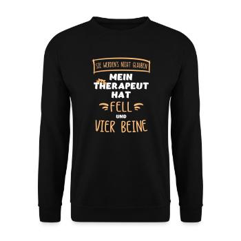 "Mein Therapeut hat Fell & vier Beine". Katzen. - Unisex Pullover - Schwarz - Vorne - Alina (178cm) & Michal (187cm)