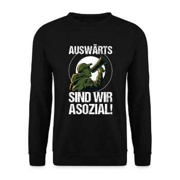 Auswärts Fußball Fan Capo Geschenk - Unisex Pullover - Schwarz - Vorne - Alina (178cm) & Michal (187cm)