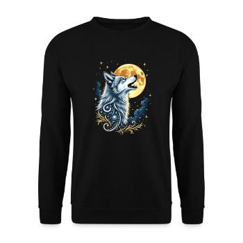 Wolf und Mond – Mystisches Kunstwerk - Unisex Pullover - Schwarz - Vorne - Alina (178cm) & Michal (187cm)