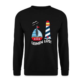 Leinen Los - Leuchtturm, Segelboot und Möwen - Unisex Pullover - Schwarz - Vorne - Alina (178cm) & Michal (187cm)