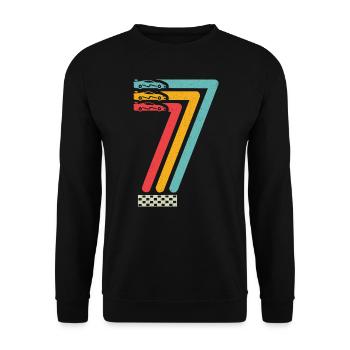 7. Geburtstag Rennwagen 7 Jahre alt Rennauto - Unisex Pullover - Schwarz - Vorne - Alina (178cm) & Michal (187cm)