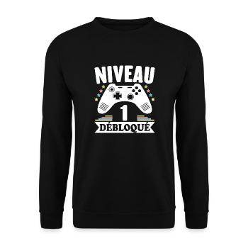 Niveau 1 An Débloqué Gaming Cadeau Anniversaire - Sweat-shirt Unisexe - noir - Devant - Alina (178cm) & Michal (187cm)