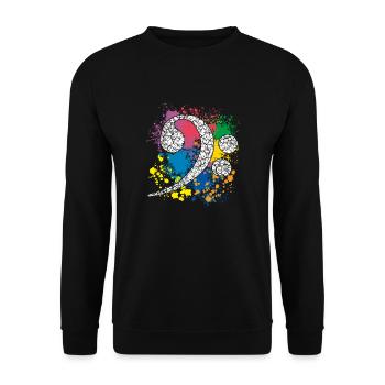 Bassschlüssel auf Farbklecksen - Unisex Pullover - Schwarz - Vorne - Alina (178cm) & Michal (187cm)