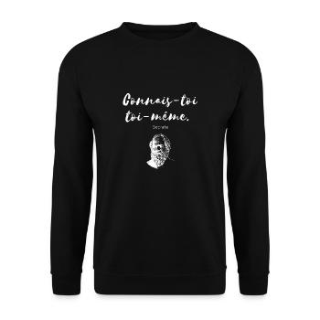 Citation blanche " Connais toi toi même " Socrate - Sweat-shirt Unisexe - noir - Devant - Alina (178cm) & Michal (187cm)