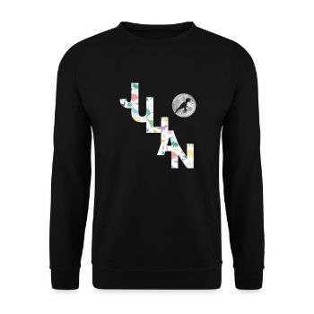 JULIAN - Schöner Jungen Name mit Dinosaurier - Unisex Pullover - Schwarz - Vorne - Alina (178cm) & Michal (187cm)