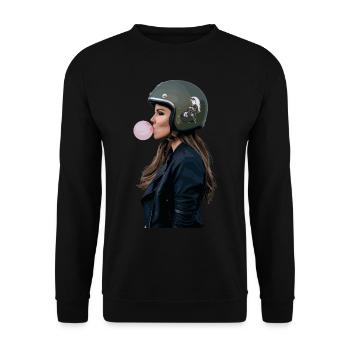 Coole Motorradfahrerin Bikerin kaut Kaugummi - Unisex Pullover - Schwarz - Vorne - Alina (178cm) & Michal (187cm)