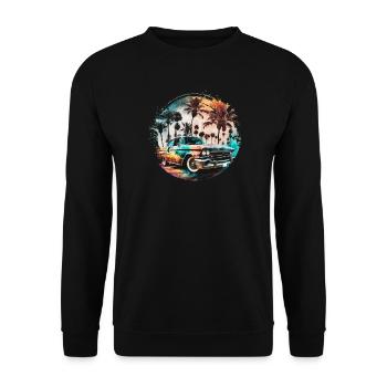 Lowrider im Sonnenuntergang mit Palmen am Strand - Unisex Pullover - Schwarz - Vorne - Alina (178cm) & Michal (187cm)