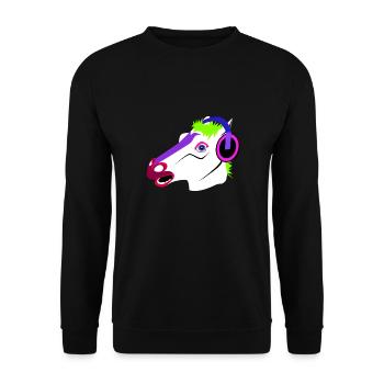 Lustiger Pferdekopf mit Kopfhörern - Unisex Pullover - Schwarz - Vorne - Alina (178cm) & Michal (187cm)