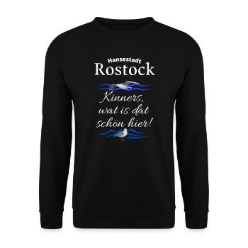 Rostock Hansestadt Ostsee Urlaubs Spruch mit Möwe - Unisex Pullover - Schwarz - Vorne - Alina (178cm) & Michal (187cm)