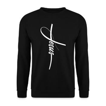 Jesus Christus schlichtes Kreuz mit Schriftzug - Unisex Pullover - Schwarz - Vorne - Alina (178cm) & Michal (187cm)