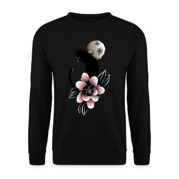 Chat, lune et fleure Tattoo Oldschool - Sweat-shirt Unisexe - noir - Devant - Alina (178cm) & Michal (187cm)