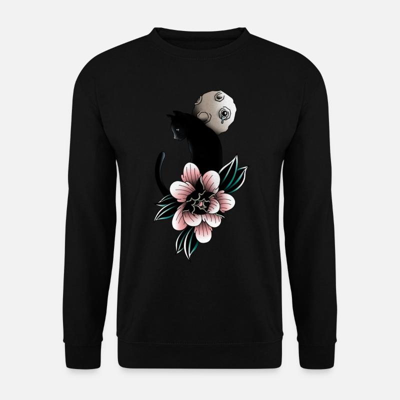 Chat, lune et fleure Tattoo Oldschool - Sweat-shirt Unisexe - noir