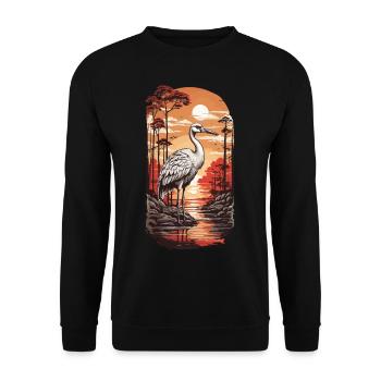 Ostasiatischer Retro Kranich Japan Style Art Vogel - Unisex Pullover - Schwarz - Vorne - Alina (178cm) & Michal (187cm)