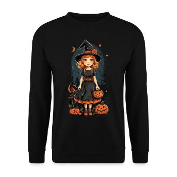 Retro Halloween Hexe Kürbis Mädchen Design - Unisex Pullover - Schwarz - Vorne - Alina (178cm) & Michal (187cm)