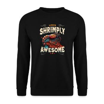 Shrimply Awesome, Garnele auf Seemandelbaumblatt - Unisex Pullover - Schwarz - Vorne - Alina (178cm) & Michal (187cm)