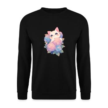 Kawaii White Cat Hydrangeas Flowers Chibi Style - Unisex Sweatshirt - black - Front - Alina (178cm) & Michal (187cm)