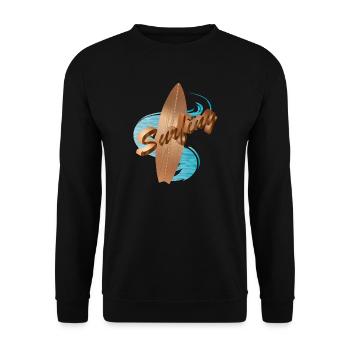 Surfbrett Holzdesign mit Surfing Typografie - Unisex Pullover - Schwarz - Vorne - Alina (178cm) & Michal (187cm)