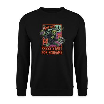 Zombie-Gamer: Game Over Press Start - Unisex Pullover - Schwarz - Vorne - Alina (178cm) & Michal (187cm)