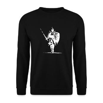 Ritter-Silhouette mit Schild und Speer - Unisex Pullover - Schwarz - Vorne - Alina (178cm) & Michal (187cm)
