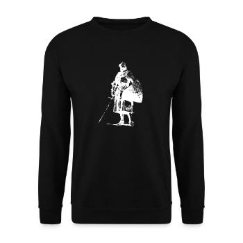 Einsamer Ritter mit Banner-Silhouette - Unisex Pullover - Schwarz - Vorne - Alina (178cm) & Michal (187cm)
