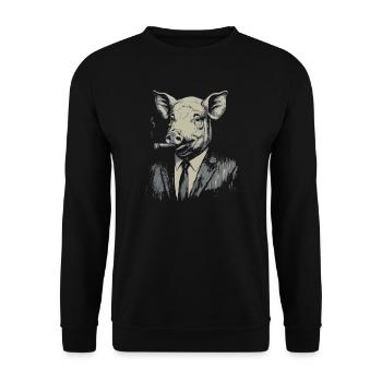 Elegantes Schwein im Anzug raucht Zigarre - Unisex Pullover - Schwarz - Vorne - Alina (178cm) & Michal (187cm)
