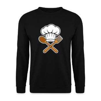 Chefkoch Mütze Kochlöffel Gabel Emblem Cartoon Shi - Unisex Pullover - Schwarz - Vorne - Alina (178cm) & Michal (187cm)