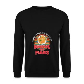 Mich interessiert Schnitzel mit Pommes - Unisex Pullover - Schwarz - Vorne - Alina (178cm) & Michal (187cm)
