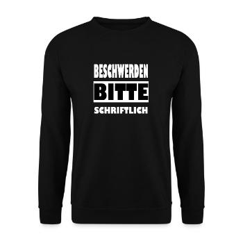 Beschwerden bitte schriftlich - Unisex Pullover - Schwarz - Vorne - Alina (178cm) & Michal (187cm)