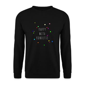 HAPPY WITH KONFETTI, Geschenkidee - Unisex Pullover - Schwarz - Vorne - Alina (178cm) & Michal (187cm)