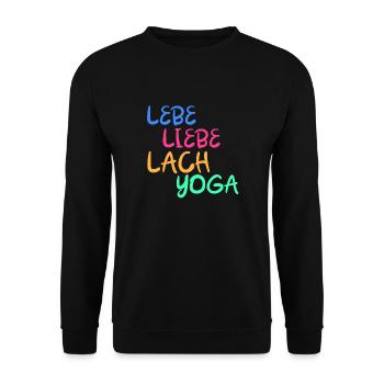 Lachyoga Lächeln Lebe Liebe Humor Geschenk - Unisex Pullover - Schwarz - Vorne - Alina (178cm) & Michal (187cm)