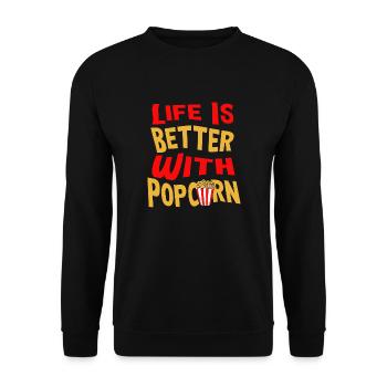 Popcorn und Filme Ironisches Sprichwort Leben mit - Unisex Pullover - Schwarz - Vorne - Alina (178cm) & Michal (187cm)