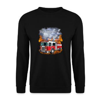 Feuerwehr - Löschfahrzeug vor Flammen und Rauch - Unisex Pullover - Schwarz - Vorne - Alina (178cm) & Michal (187cm)