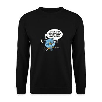 Müde Eule hat Nachtschicht - Unisex Pullover - Schwarz - Vorne - Alina (178cm) & Michal (187cm)