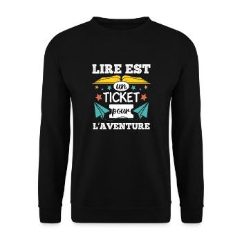 Lire est un ticket pour l' aventure cadeau livre - Sweat-shirt Unisexe - noir - Devant - Alina (178cm) & Michal (187cm)