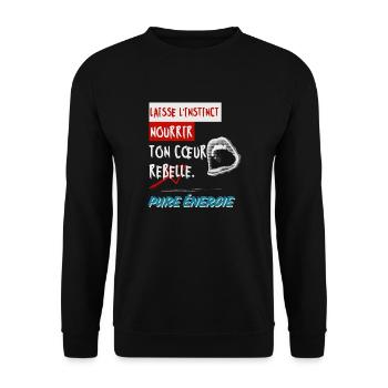 "Lass deinen Instinkt dein rebellisches Herz nähren. Rein - Unisex Pullover - Schwarz - Vorne - Alina (178cm) & Michal (187cm)