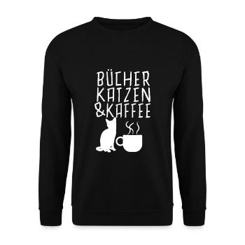 Buecher Katzen und Kaffee Cooler Spruch Lustig - Unisex Pullover - Schwarz - Vorne - Alina (178cm) & Michal (187cm)