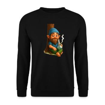 Kiffender Zwerg an Baum lehnend mit Bong Cannabis - Unisex Pullover - Schwarz - Vorne - Alina (178cm) & Michal (187cm)